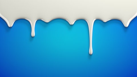 Milk drips on blue background. Viscous white liquid flowing down the surface in streams, melting drops forming streaks. 3D animation, alpha channel as matte mask included.