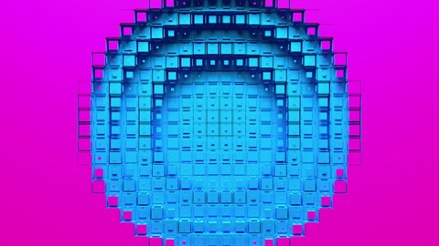 Blue voxel circle holes and pink rings diverge from the center of screen. Seamless loop 3D animation.