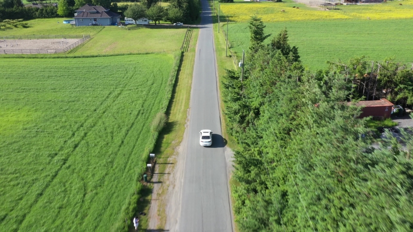 Footage of a white car driving into the distance revealing the beautifual rural areas of Chilliwack, BC. Filmed and produced on 26-6-2021