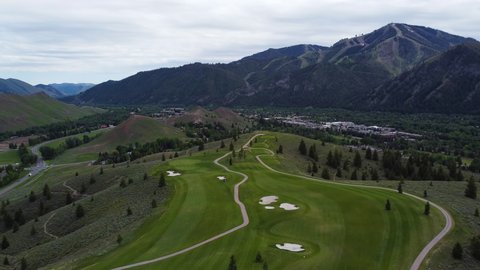 Aerial drone view of the golf course facing bald mountain in Sun Valley, Idaho.
