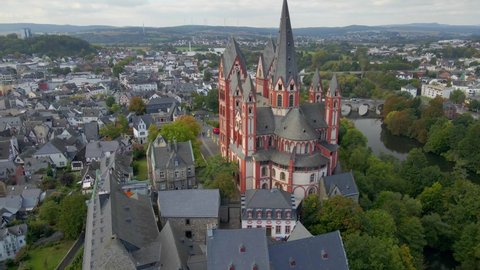 Historic tourist attraction in Hesse city Limburg Cathedral beside Lahn River, aerial