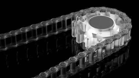 Bicycle chain is attached to the sprocket or gear. Made of translucent plastic. Spinning on black background. Animation seamless loop, 3D Render.