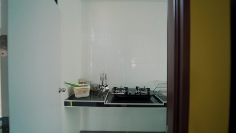 kitchen equipment luxurious and modern, white brick wall in kitchen room background.