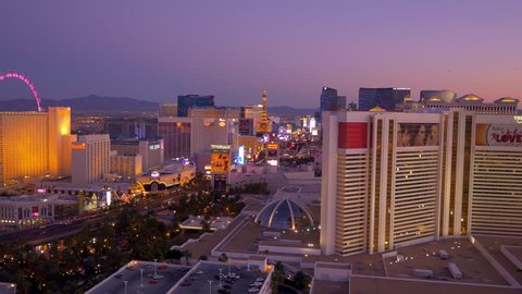 Las Vegas, Nevada - March, 2015: Aerial pan of Las Vegas skyline in the evening.