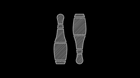 White line Bowling pin icon isolated on black background. Juggling clubs, circus skittles. 4K Video motion graphic animation .
