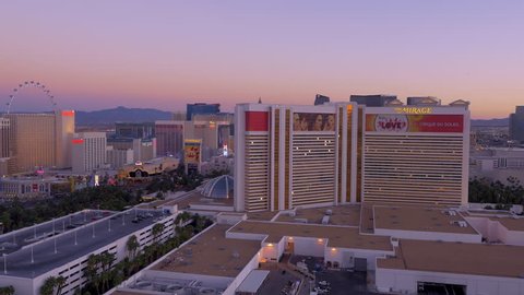 Las Vegas, Nevada - March, 2015: Aerial pan of Las Vegas skyline at sunrise.