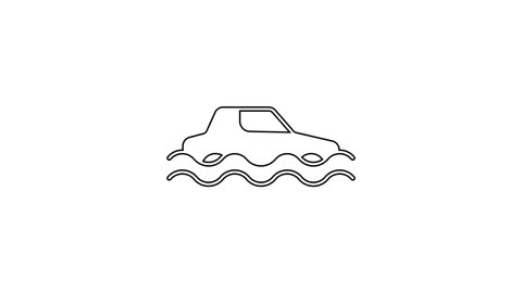 Black line Flood car icon isolated on white background. Insurance concept. Flood disaster concept. Security, safety, protection, protect concept. 4K Video motion graphic animation.
