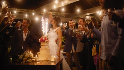 Beautiful Bride and Groom Celebrate Wedding at an Evening Reception Party with Multiethnic Friends. Newlyweds Propose a Toast to Happy Marriage, Standing at a Dinner Table with Cake with Sparklers.