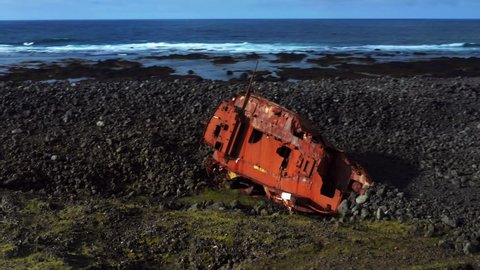 Abandoned Shipwrecks on Hópsnes Peninsula in Iceland - aerial drone shot