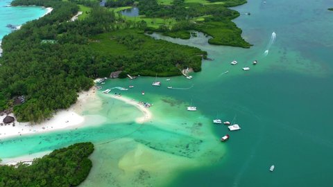 Aerial view, flight at bay at Grand Port, il aux Cerfs with bays, sandbanks, and water sports, Flacq, Mauritius, Africa