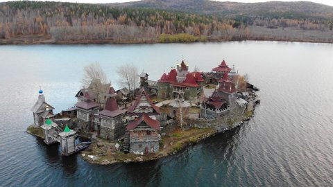Tourist attraction in Satka, Russia. Island with Castle and museums. Russian tourism in Chelyabinsk region in the Urals