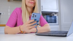 White woman browsing internet on phone. Caucasian female using modern smartphone for online communication. Person browse social media app on mobile phone in close up 4k video
