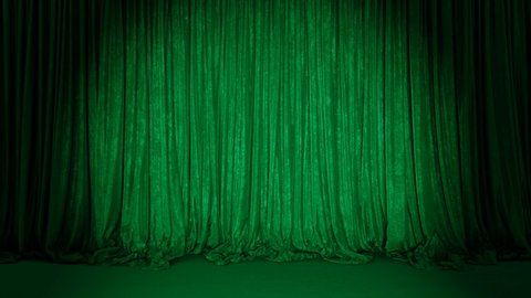 Realistic 3D animation of the luxurious and fancy textured green velvet theater single stage curtain with carpet flooring rendered in UHD with alpha matte