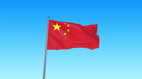 Chinese flag on sky and on green screen isolated. Flag of China for green matte VFX effect in High Quality 4K for Travel, Sports, Political events.