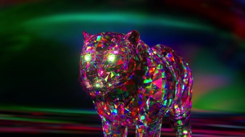 Snarling diamond tiger. Nature and animals concept. Lowpoly. Pink neon color. Symbol of 2022. 3d animation