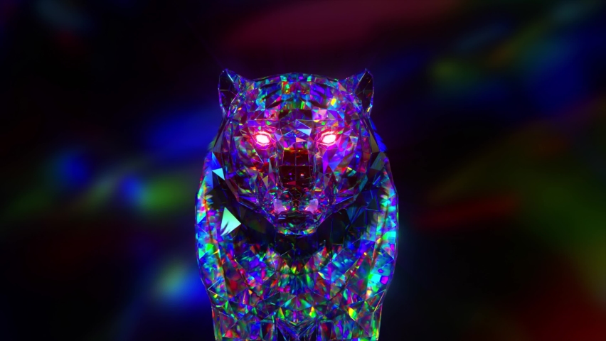 Snarling diamond tiger. Nature and animals concept. Lowpoly. Blue neon color. Symbol of 2022. 3d animation Royalty-Free Stock Footage #1085355203