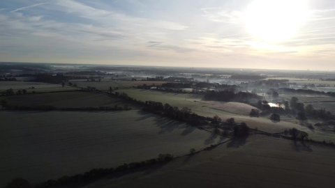 4k drone footage of a frosty landscape in rural Suffolk, UK
