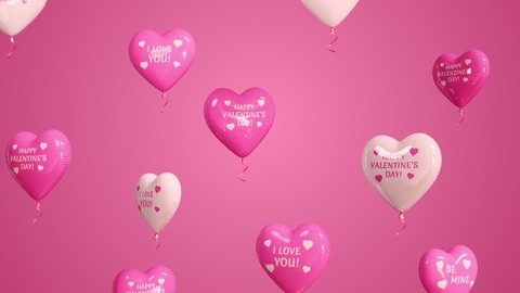 Floating, flying up Valentine’s Day festive balloons animation. Pink, white colored heart shaped balloons with signs. Abstract romantic greeting. Pink background. Beautiful 3D Render seamless loop 4K
