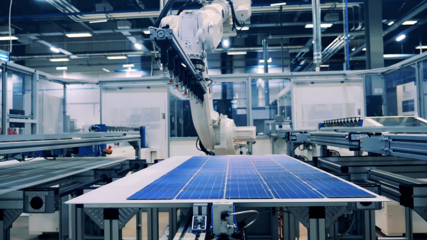 Automated mechanism is relocating sets of solar modules Royalty-Free Stock Footage #1085369627