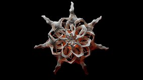 3d render abstract art video animation with surreal alien flower in organic curve wavy biological lines forms in transformation process with atomic wire structure on surface with orange light inside