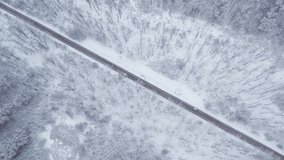 Aerial top down drone shot of Snowy forest road and car on it. Forest road from above. White background. Diagonal highway. Minimalism concept 4k video