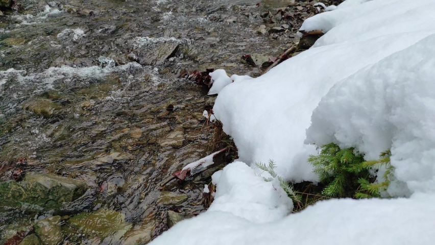 winter in mountains. mountain river. rocks covered with snow along stream. natural sound