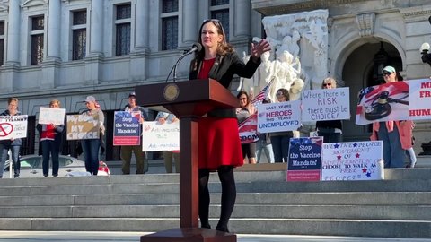 Harrisburg, Pennsylvania - November 9, 2021: Pennsylvania State Representative Stephanie Borowicz (R-76) speaks during Doug Mastriano’s Medical Freedom Rally at the Pennsylvania State Capitol. 