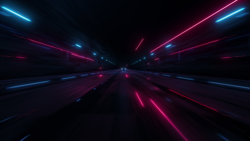 Speeding Sports Car On Neon Highway. Powerful acceleration of a supercar on a night track with colorful lights and trails. 3d animation Royalty-Free Stock Footage #1085376104