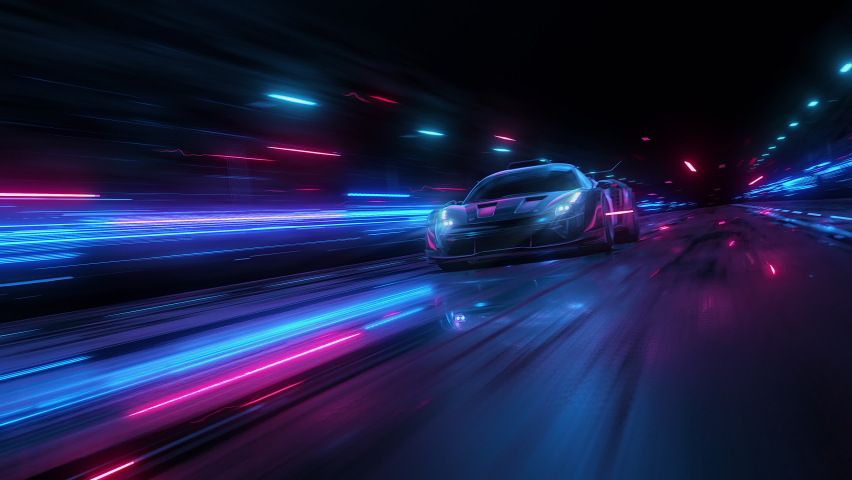 Speeding Sports Car On Neon Highway. Powerful acceleration of a supercar on a night track with colorful lights and trails. 3d animation Royalty-Free Stock Footage #1085376104