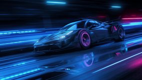Speeding Sports Car On Neon Highway. Powerful acceleration of a supercar on a night track with colorful lights and trails. 3d animation - Powered by Shutterstock - Get 15% off with code: PIKWIZARD15