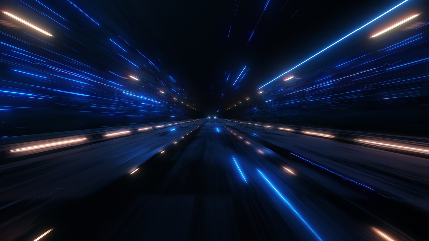 Speeding Sports Car On Neon Highway. Powerful acceleration of a supercar on a night track with colorful lights and trails. 3d animation Royalty-Free Stock Footage #1085376107
