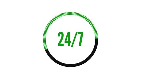 Service Open 24 Hours Per 7 Days icon Animation. 24 7 Animated Clock Sign on white Background