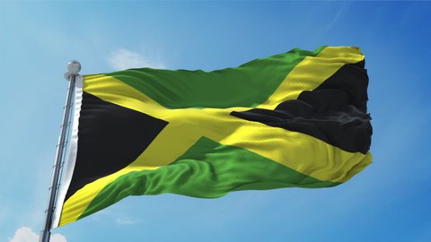 Jamaica Flag Loop. Realistic 4K. 30 fps flag of the Jamaica. Jamaica flag waving in the wind. Seamless loop with highly detailed fabric texture.