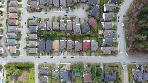 Birdseye view of the residential area of the beautiful city of Coquitlam, British Colombia, Canada. Produced and filmed on 03-18-2021