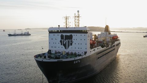 The fish-processing vessel Tsar anchored in the Ussuri Bay. Crab fish canning processing base intended for the reception of crab and fish and their processing - JAN 03, 2022 VLADIVOSTOK, RUSSIA