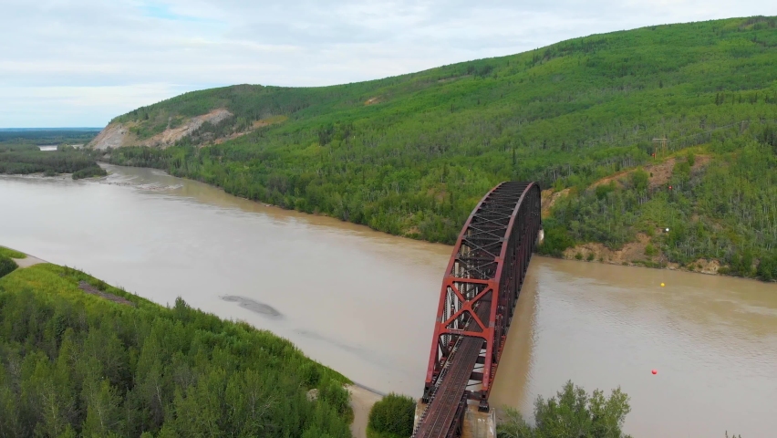 4K Drone Video of Mears Memorial Steel Truss Train Bridge over the Tanana River at Nenana, Alaska during Summer Day