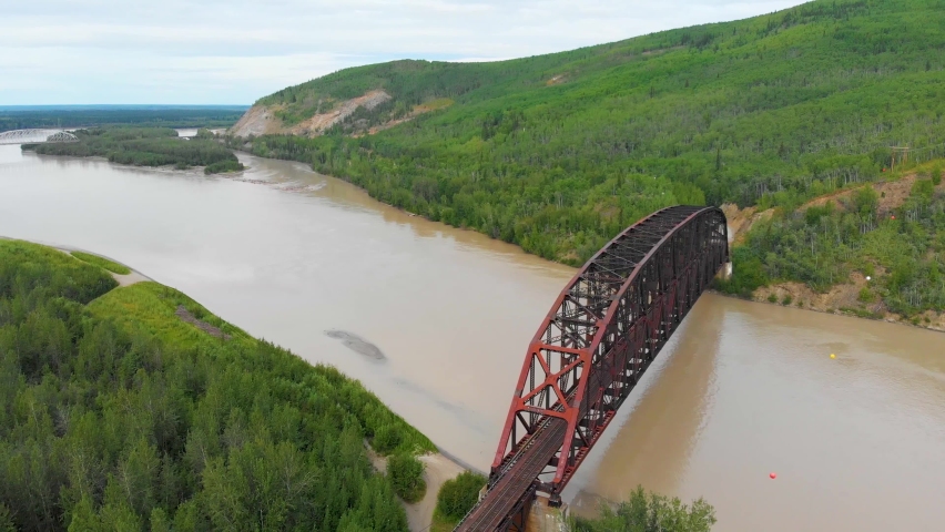 4K Drone Video of Mears Memorial Steel Truss Train Bridge over the Tanana River at Nenana, Alaska during Summer Day