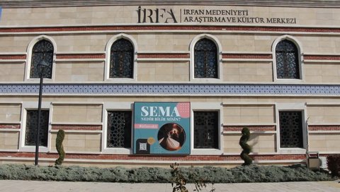 Konya, Turkey - January 9, 2022: Irfan Civilization Research and Culture Center in Konya. Cultural and artistic activities related to Rumi are held in the building.