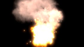 Close-up of a campfire is burning with orange and yellow flames, sparks and smoke. Hot sparks fly from big fire flame. Burn an elegant bonfire UHD 4k highly detailed digital rendered CGI animation