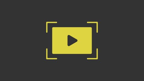 Yellow Online play video icon isolated on grey background. Film strip with play sign. 4K Video motion graphic animation.