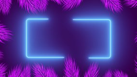 Modern Style Animated Violet Blue Neon Light Frame with Rotating Tree Branches Trendy aesthetic violet light. Illuminated palm tree. Neon glowing rectangle frame in the tropical forest. Text Template.