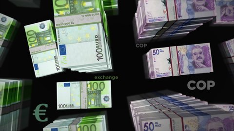 Euro and Colombia Peso money exchange. Paper banknotes pack bundle. Concept of trade, economy, competition, crisis, banking and finance. Notes loopable seamless 3d animation.