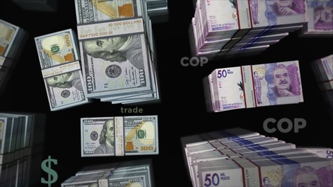 American Dollar and Colombia Peso money exchange. Banknotes pack bundle. Concept of trade, economy, competition, crisis, banking and finance. Notes loopable seamless 3d.