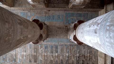 Interior of the painted and carved hypostyle hall at Dendera Temple. Ancient Egyptian temple near Qena, Ancient Egyptian temple near the city of Ken.