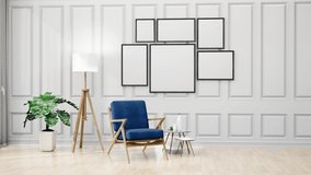 3D mockup six photo frames arranged on white beautiful wall, interior design and decorated with blue armchair, coffee table and stand lamp with plant in pot living room, copy space, rendering - Powered by Shutterstock - Get 15% off with code: PIKWIZARD15