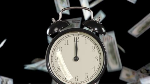 Time for Great Money. The hands of the clock rotate rapidly on the dial. Exactly at 12 o'clock the alarm clock starts ringing. Behind him, against a black background, banknotes begin to fall down