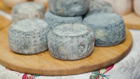Blue cheese assortment. Cheese heads (round) on the counter. Farm cheese sales. Ecologically clean dairy products