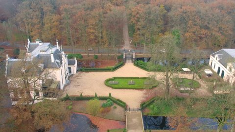 Staverden Castle in Veluwe national Park in Netherlands, aerial orbit