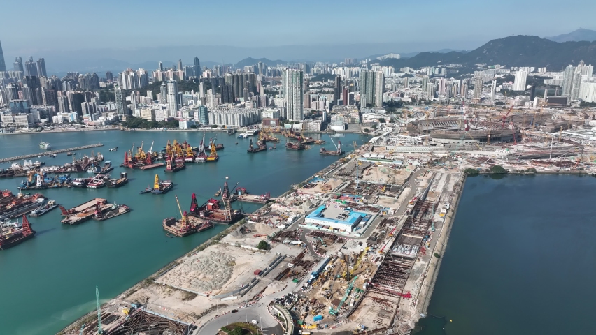 Aerial View of Hong Kong Kai Tak Construction, Stadium with sports facilities ,Residential and Commercial   | Shutterstock HD Video #1085405855