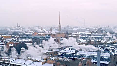 ST Petersburg winter time. Drone view of snow city